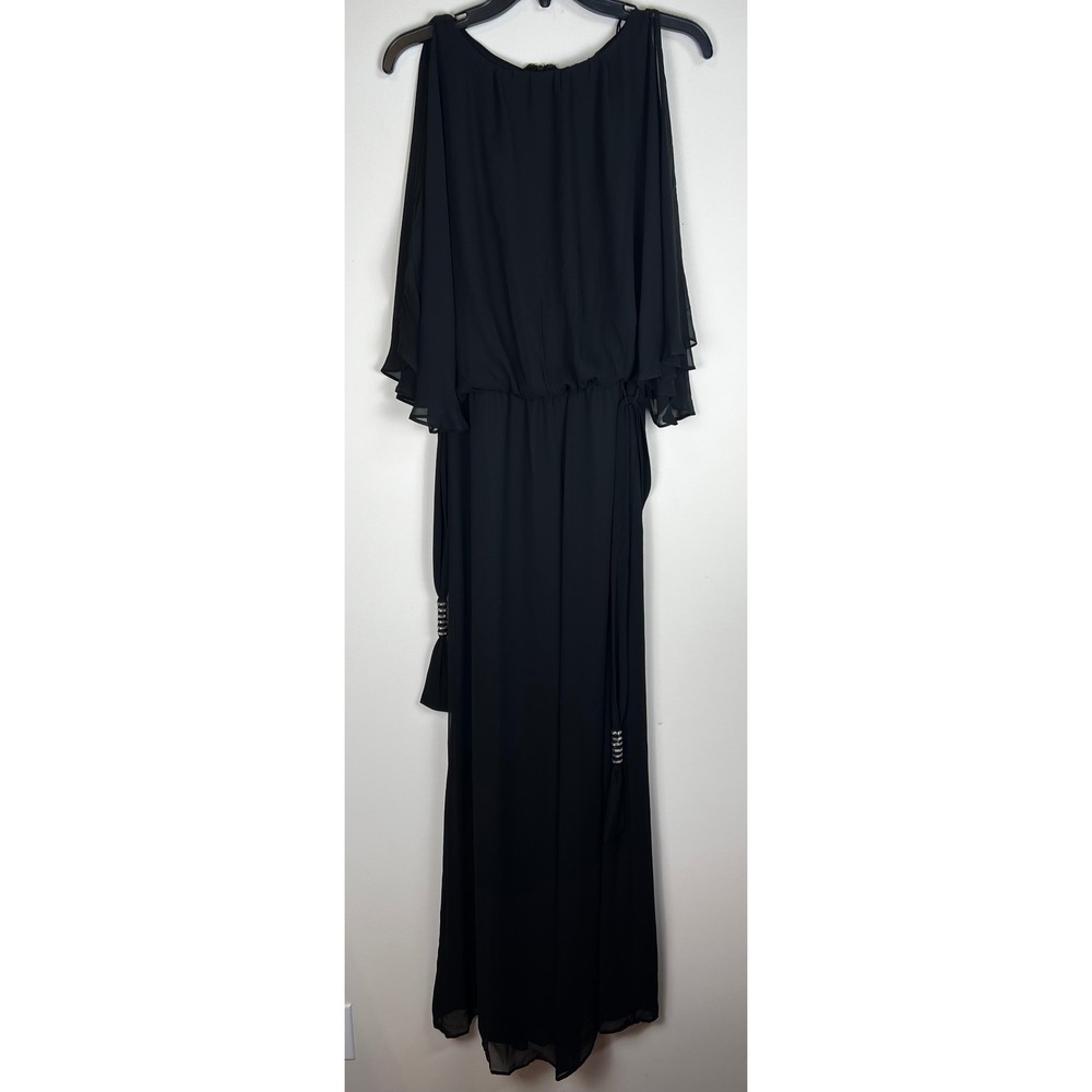 MSK Blouson Black Chiffon Cold Shoulder Jumpsuit Embellished Ties Sz M NWT